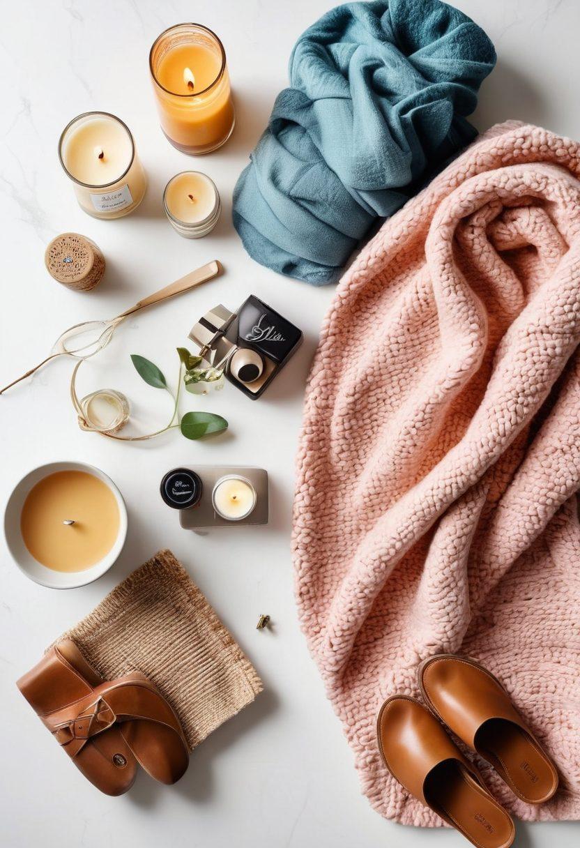 A stylishly arranged flat lay of trendy fashion items like a chic dress, accessories, and stylish shoes alongside essential home goods like a cozy throw blanket, scented candles, and modern kitchen gadgets. The background should be bright and inviting, suggesting a seamless blend of fashion and home decor shopping. Adding elements like price tags and discount stickers can emphasize 'smart shopping.' super-realistic. vibrant colors. white background.