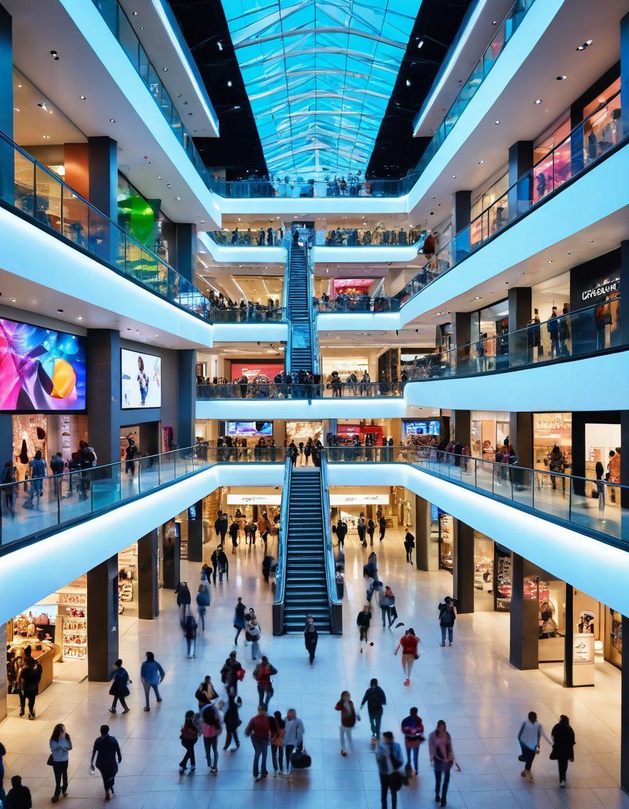 A futuristic shopping mall filled with diverse people joyfully interacting with advanced tech, such as holographic displays showcasing e-commerce trends and savings hacks. Lively digital screens highlight discounts and trends, creating an atmosphere of excitement and innovation. Vibrant colors, showcasing a mix of modern architecture and fashion, enhance the sense of a thriving e-commerce environment. The scene is bustling with life, symbolizing the evolution of online shopping. super-realistic. vibrant colors. 3D.